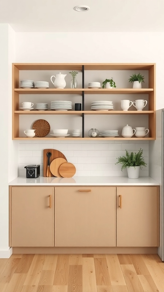A minimalist kitchen with open shelving displaying plates, cups, and plants.