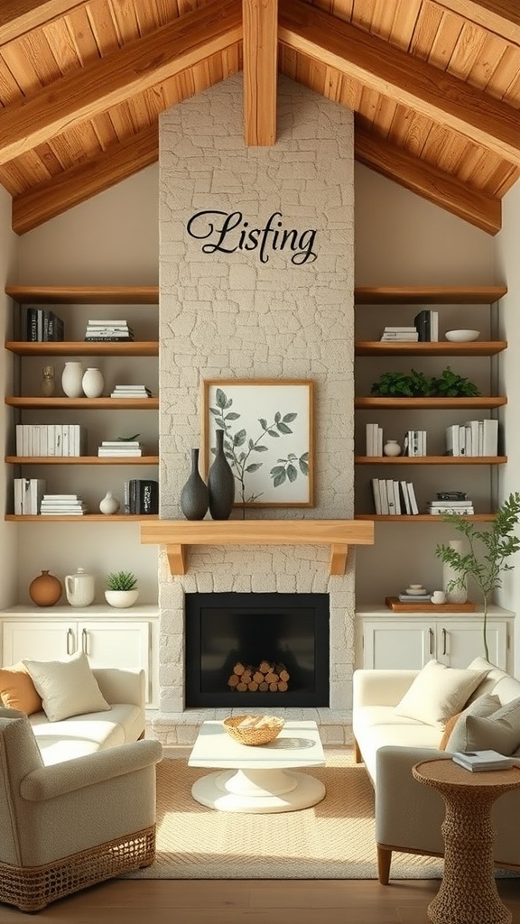 A rustic living room featuring open wooden shelves displaying decorative items and plants, with a cozy seating area and a stone fireplace.