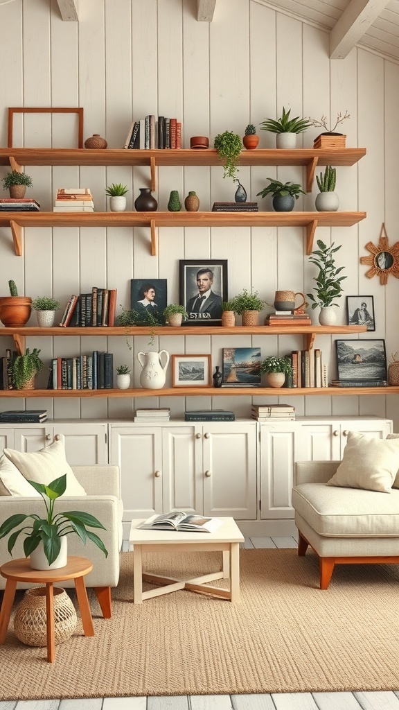 A cozy living room featuring open shelving with books, plants, and decorative items.