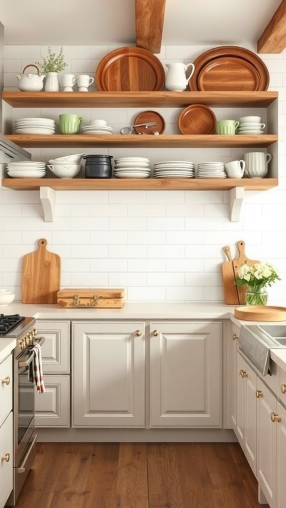 Open shelving in a kitchen displaying various dishware and wooden accents.