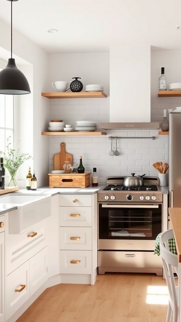 A modern kitchen featuring open shelving with elegant dishware displayed on wooden shelves.