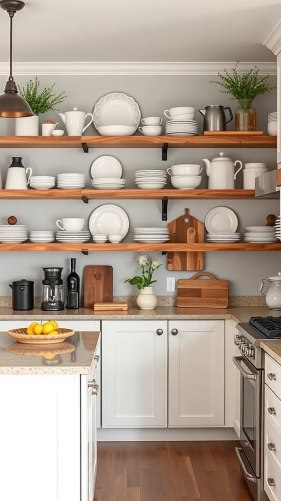 Open shelving in a cozy kitchen displaying white dishes and green plants