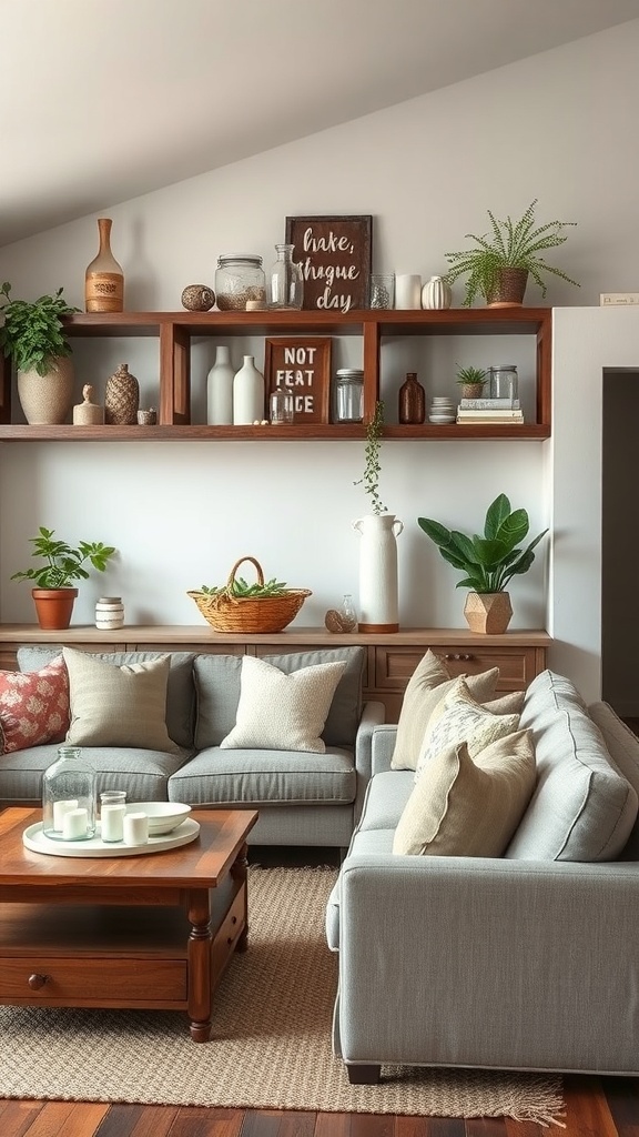 Cozy farmhouse living room with open shelving, plants, and decorative items.