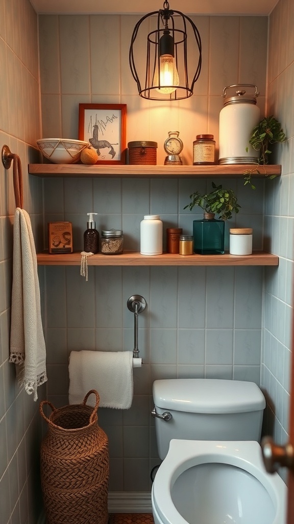 A cozy bathroom featuring open shelving with personal touches like jars, plants, and a framed picture.
