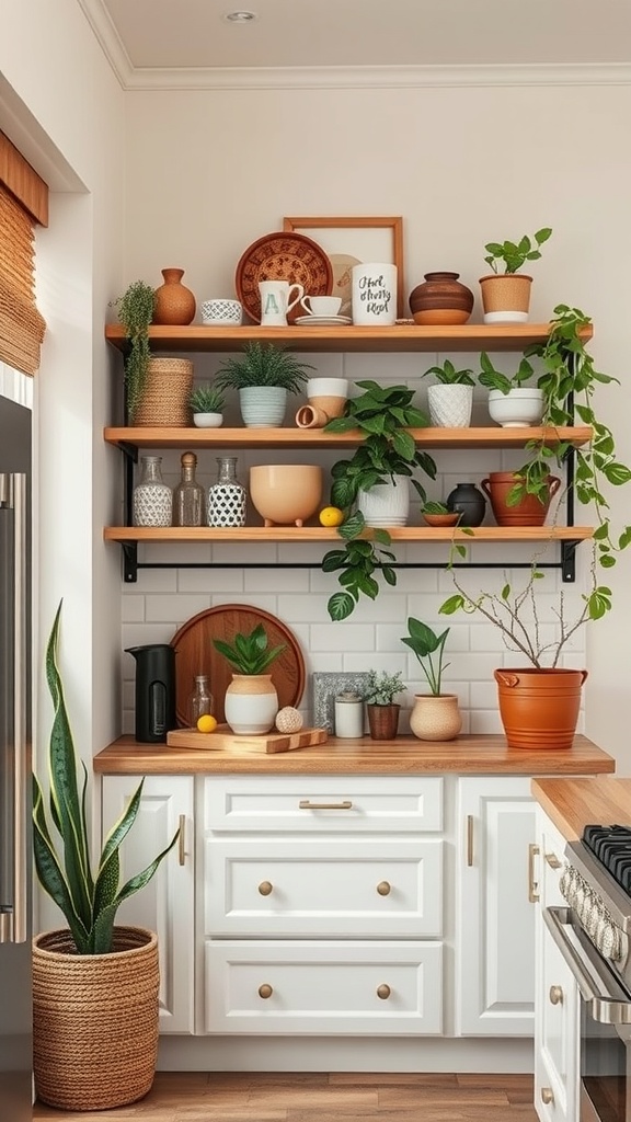 Open shelving in a kitchen displaying plants, pottery, and decorative items.