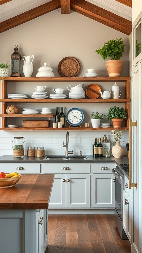 Open shelving in a kitchen displaying rustic dishware and decorative items
