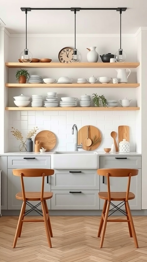 A Scandinavian kitchen featuring open shelving with stylish dishware, light wood shelves, and cozy lighting.