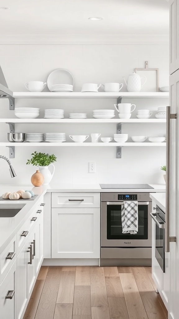 A modern kitchen featuring open shelving with white dishware, a sleek oven, and wooden flooring.