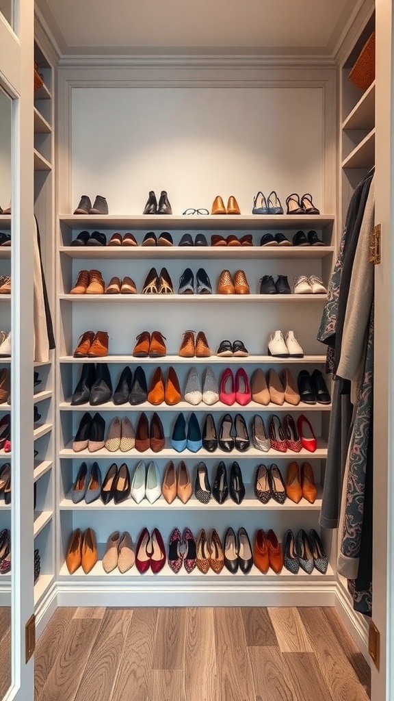 A walk-in closet featuring open shoe racks filled with various styles of shoes.