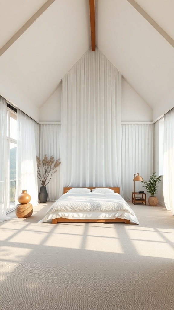 A serene Japandi bedroom featuring high ceilings, large windows, and minimalistic decor.