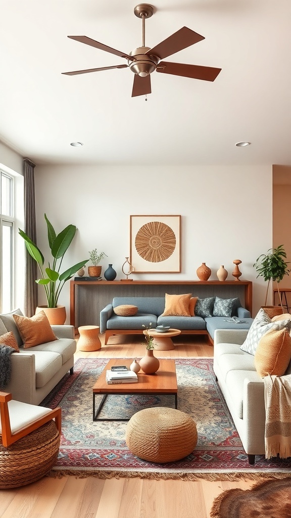 A cozy boho living room with light colors, comfortable seating, and natural decor.
