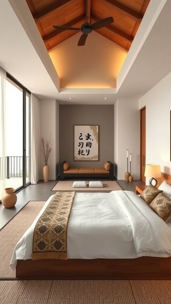 A spacious Japandi bedroom featuring a high ceiling, wooden accents, and minimalist decor.
