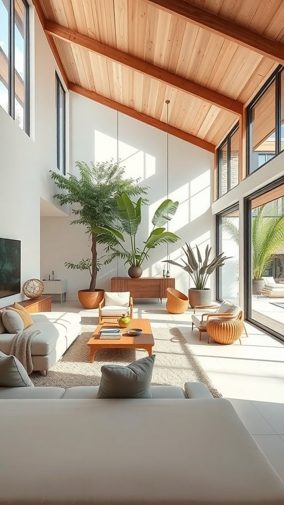 A spacious living room with large windows, natural light, and plants, showcasing an earthy home aesthetic.