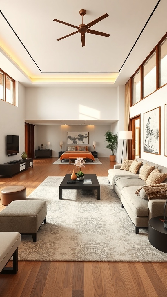 Open space layout featuring a living room and bedroom with minimalist decor and natural light.