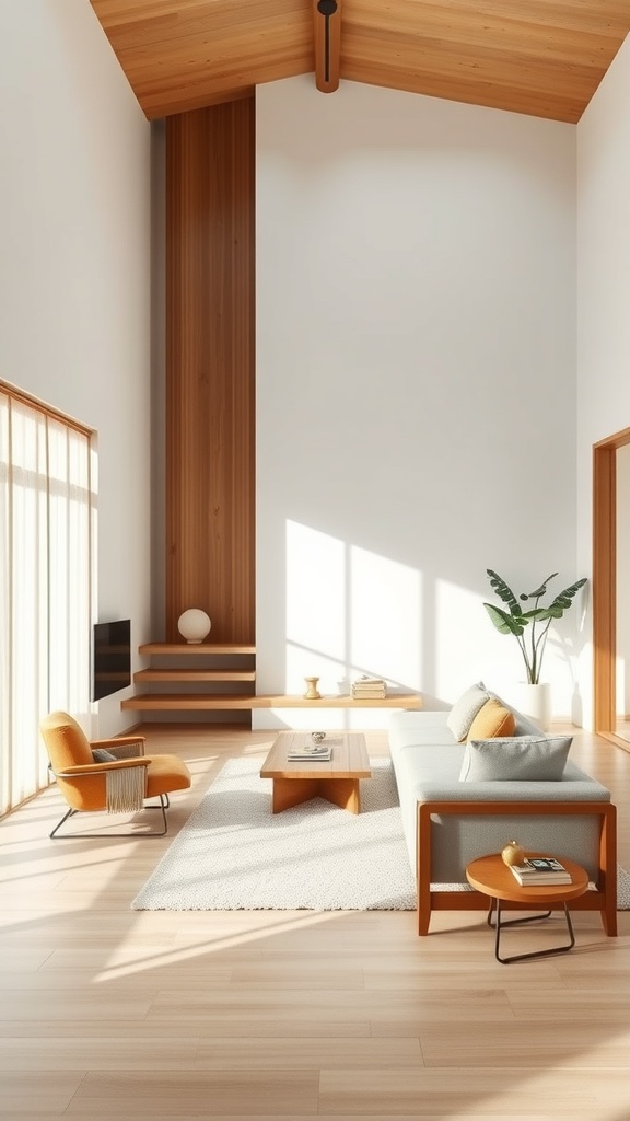 A minimalist interior featuring an open space layout with wooden accents and natural light.