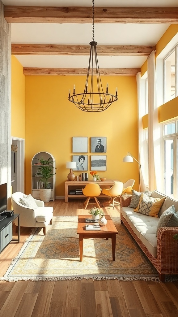 A bright living room with butter-yellow walls, wooden beams, and stylish furniture.