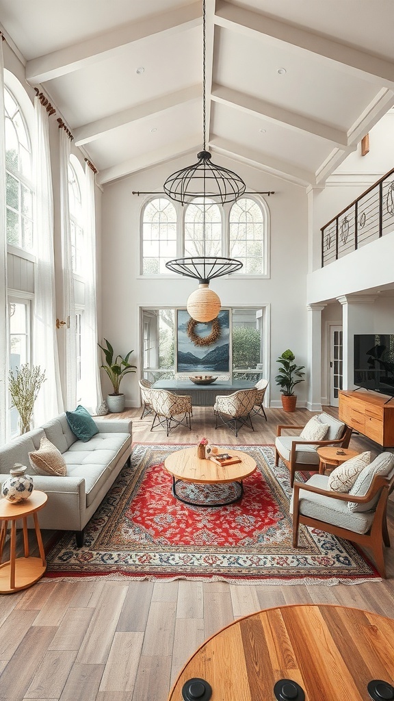 A bright living room with high ceilings, featuring a cozy seating area, a dining table, and large windows.