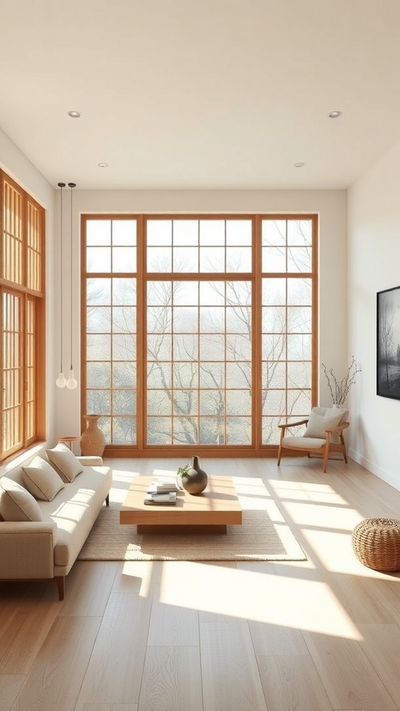 Bright and airy living room with large windows, minimalist furniture, and natural light.