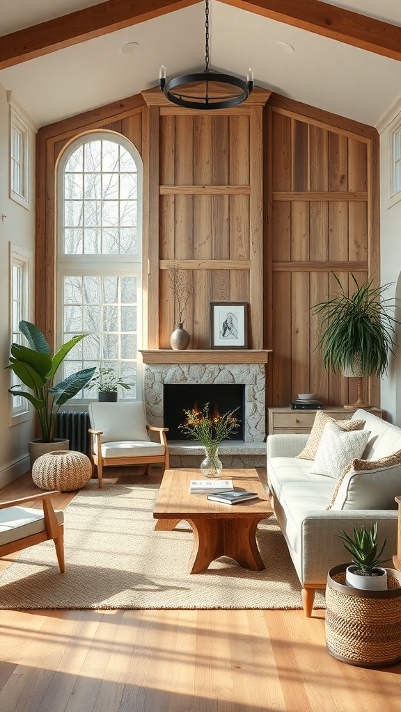 A cozy living room featuring wooden accents, natural light, and a functional layout.