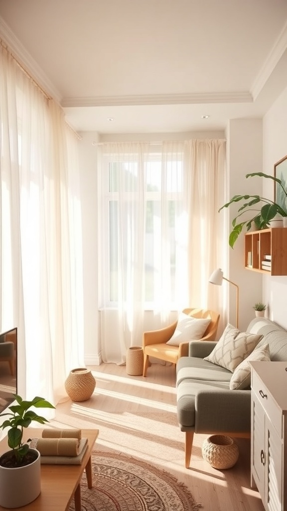A cozy living room with large windows, sheer curtains, a comfortable sofa, and plants, filled with natural light.