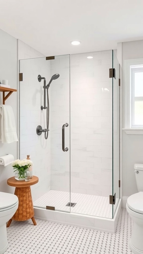 A modern walk-in shower with clear glass doors and a rainfall showerhead in a minimalist bathroom setting.