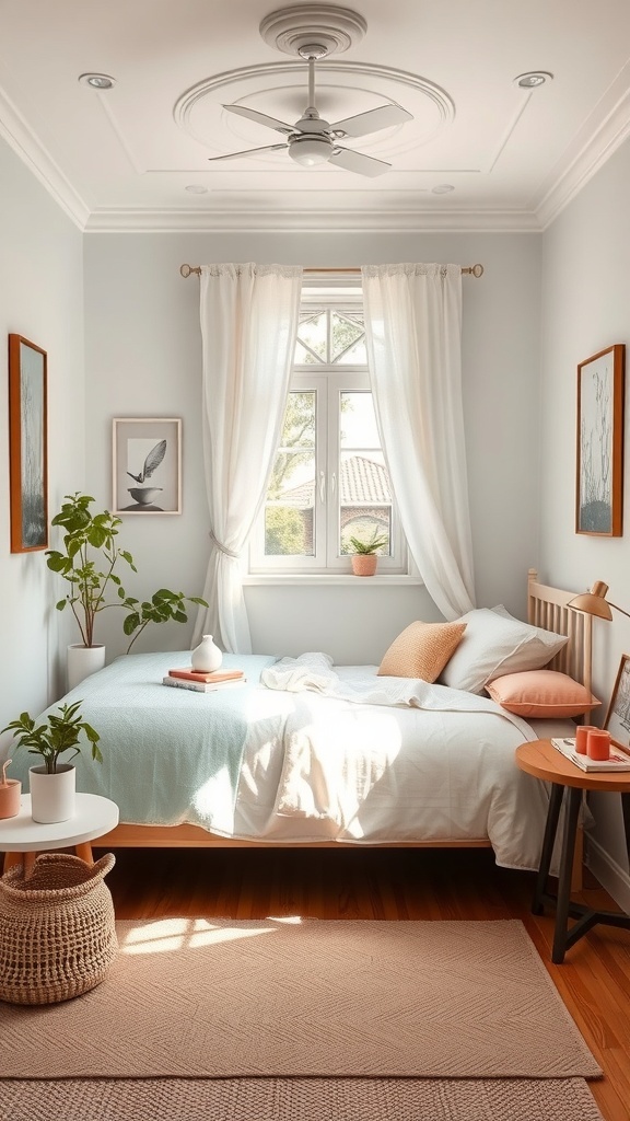 A cozy small bedroom with light color palette, featuring large windows, soft bedding, and natural decor.