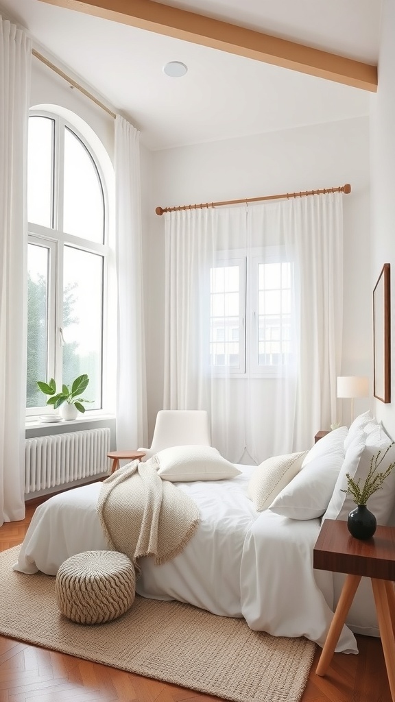 A cozy minimalistic bedroom with white linens, natural light, and simple decor.