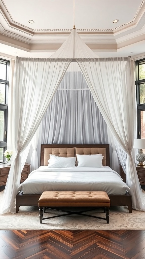 A luxurious canopy bed with flowing fabric drapes, a wooden frame, and plush bedding in a stylish bedroom.