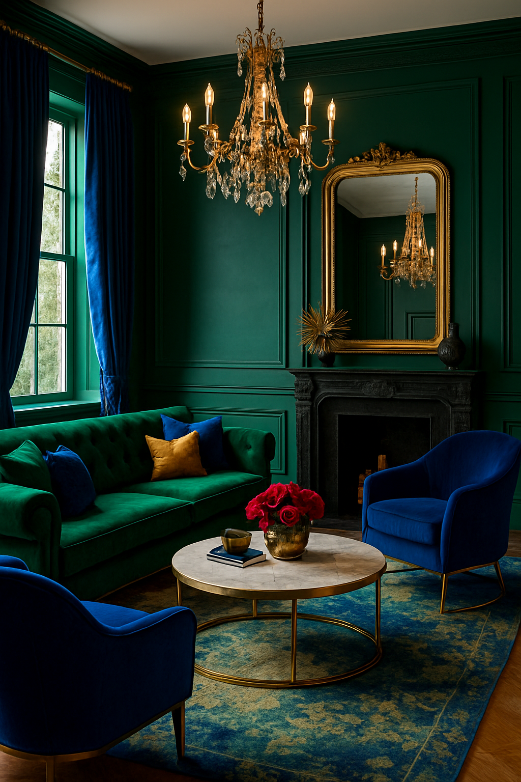 Maximalistisches Wohnzimmer mit Türkis- und Beigetönen, eleganten Möbeln und goldenen Akzenten.