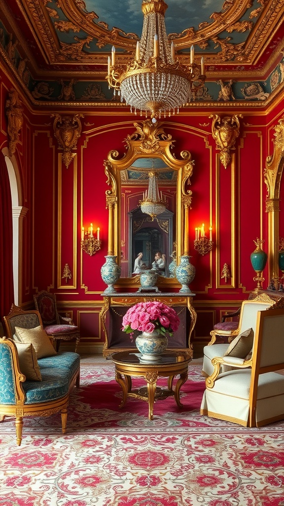A luxurious Rococo interior featuring rich red walls, ornate gold accents, and elegant furnishings.