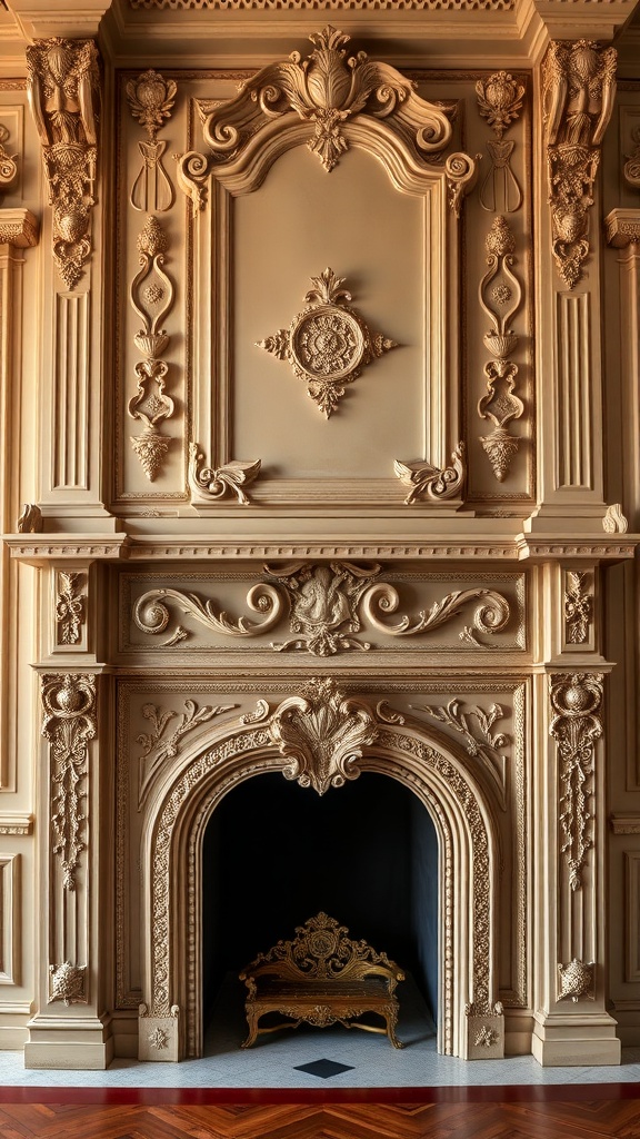An ornate Rococo fireplace mantel with intricate carvings and a central medallion.