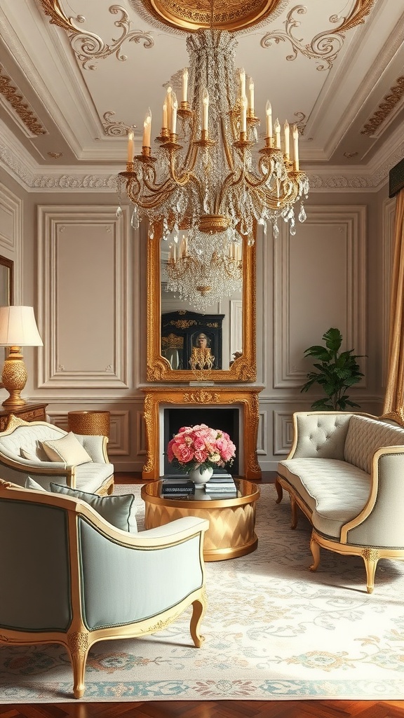 Opulent living room featuring gilded accents, a chandelier, and elegant furniture.
