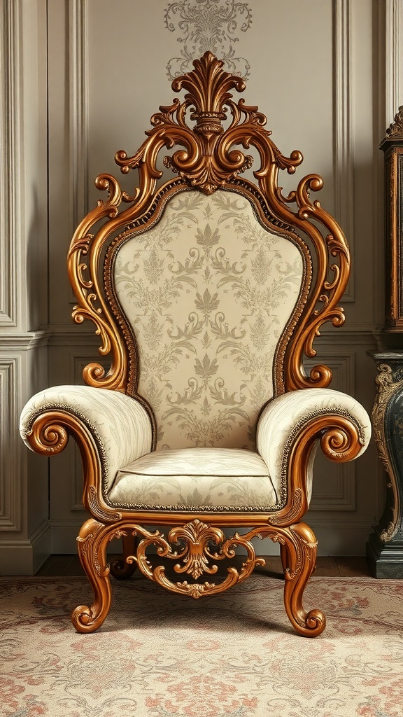 Ornate Rococo-style chair with intricate carvings and golden finish