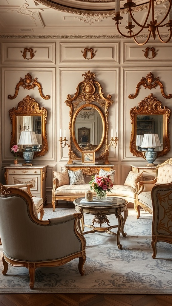 A luxurious Rococo-style living room featuring ornate furniture, mirrors, and elegant decor.