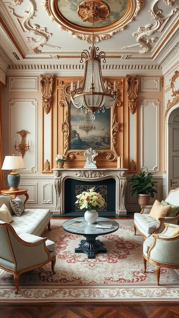 A luxurious Rococo living room featuring ornate ceiling, elegant furniture, and a grand chandelier.