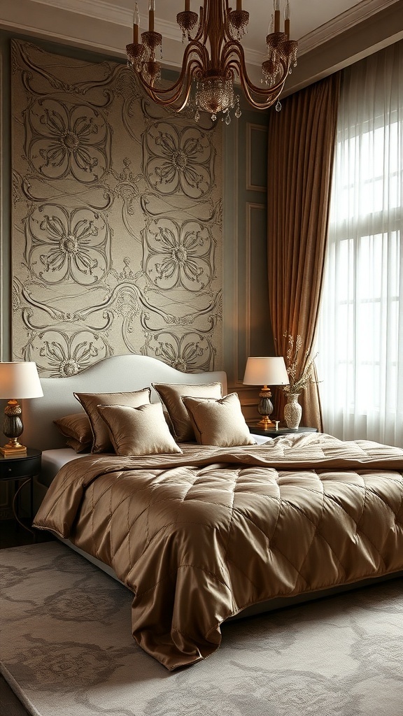 Luxurious bedroom with opulent textiles and fabrics, featuring a quilted bedspread, intricate wall design, and elegant curtains.