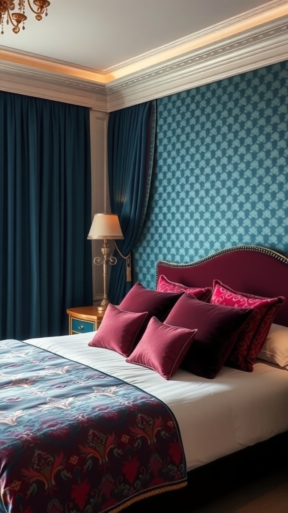A luxurious bedroom featuring velvet accents with a purple bedspread, pink chairs, and large windows with sheer curtains.