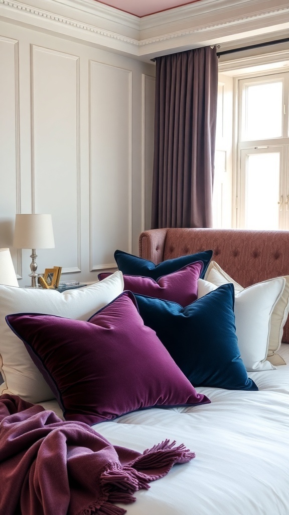 A luxurious bedroom featuring velvet pillows in purple and blue on a white bed, with velvet curtains and a cozy throw blanket.