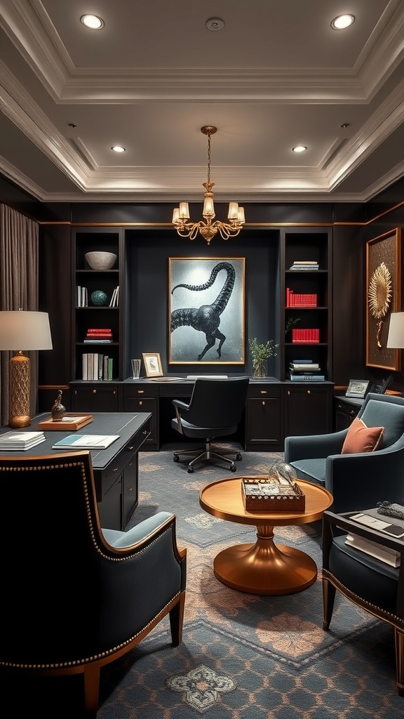 A luxurious home office featuring velvet accents, elegant furniture, and sophisticated decor.