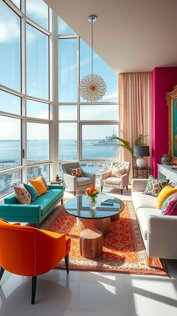 Ein stilvolles Wohnzimmer mit bunten Möbeln und einem schönen Ausblick.