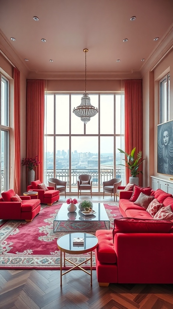Ein luxuriöser Wohnraum mit roten Sofas, einem Kristalllüster und großen Fenstern, die einen Blick auf die Stadt bieten.