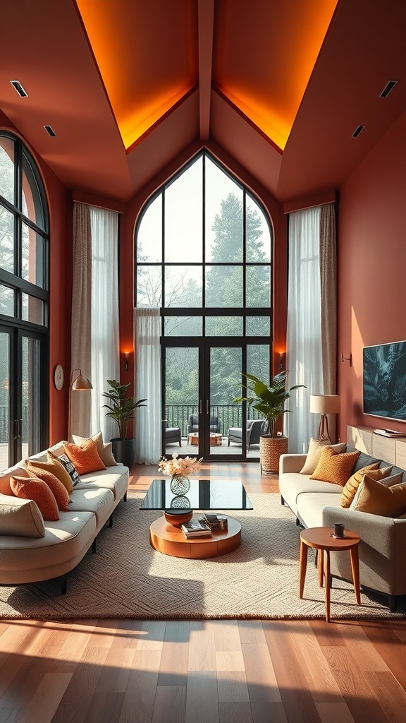 Ein elegantes Wohnzimmer mit warmen Terrakotta-Wänden, großen Fenstern und stilvollen Möbeln.