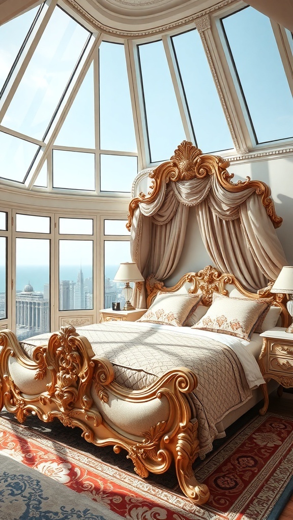 Luxuriöses Schlafzimmer im Rococo-Stil mit goldenen Möbeln und großen Fenstern