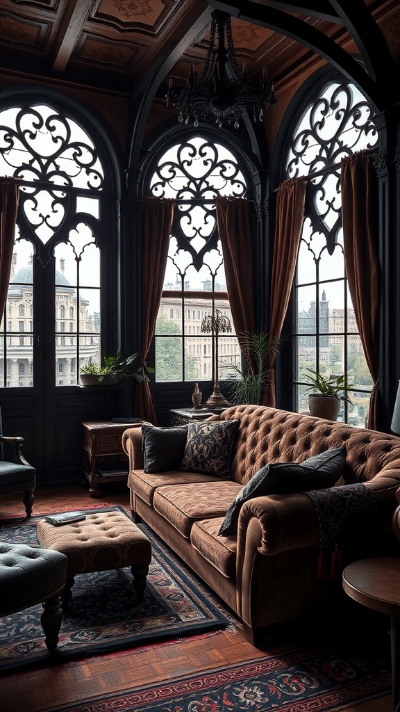 Luxuriöses Wohnzimmer mit Samtsofa und hohen Fenstern im Western-Gotisch-Stil
