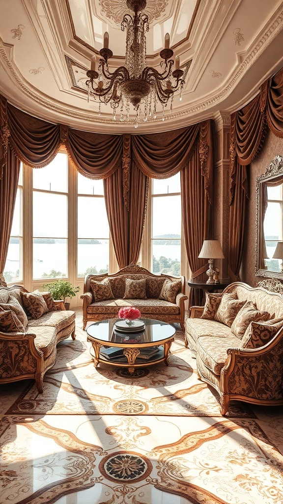 Luxuriös eingerichtetes Wohnzimmer im Rococo Revival-Stil mit opulenten Textilien, eleganten Vorhängen und kunstvollem Teppich.