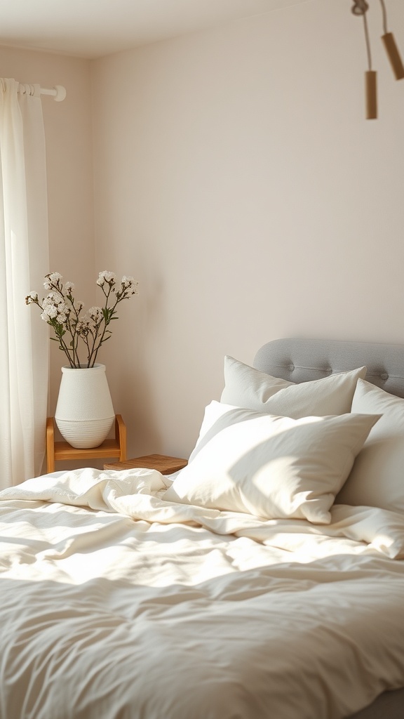 A cozy bedroom featuring organic cotton bedding with soft pillows and a vase of flowers.