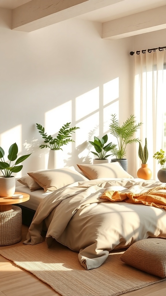 A cozy bedroom featuring organic cotton bedding in neutral tones, complemented by indoor plants and natural light.