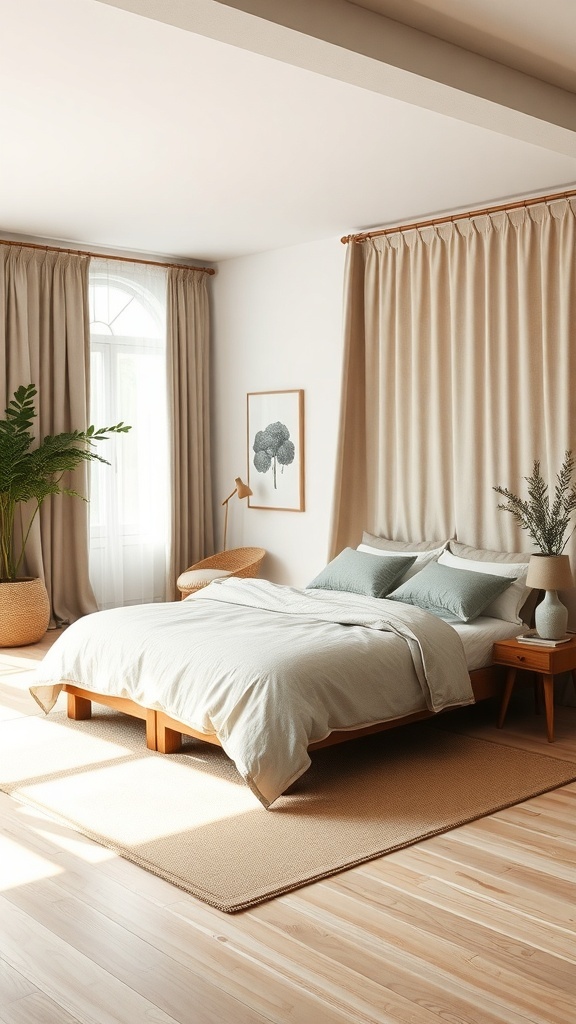 A serene bedroom featuring organic cotton textiles, soft muted colors, and natural light.