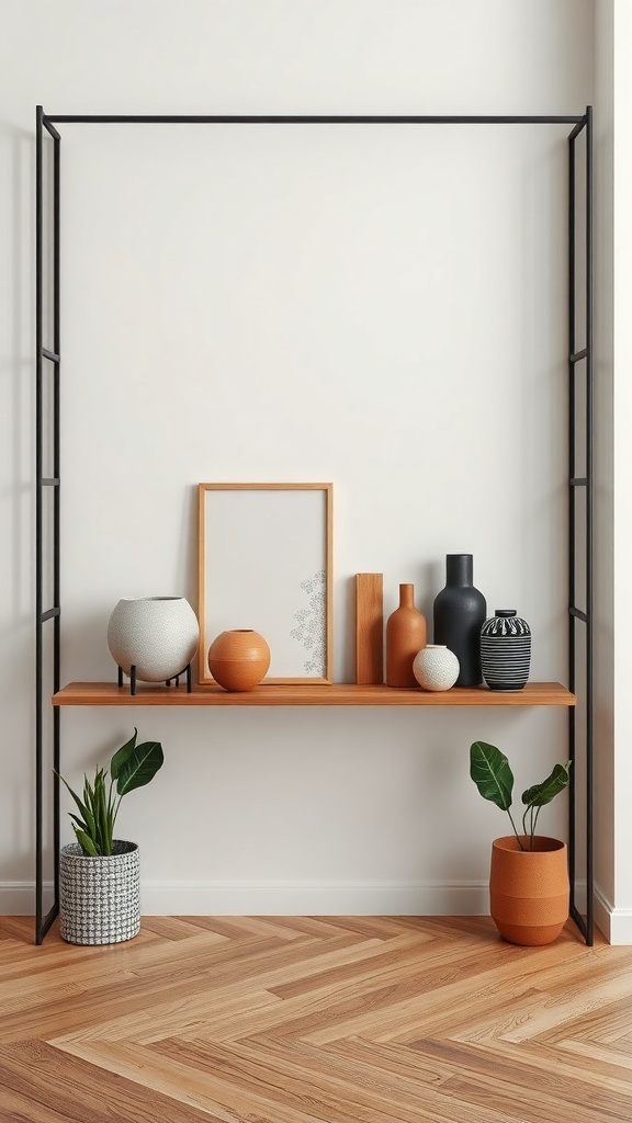 A minimalist decor display featuring organic-shaped vases and planters on a wooden shelf against a light wall.