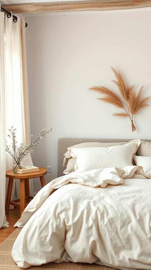 A cozy bedroom featuring organic textiles with a neutral color palette.